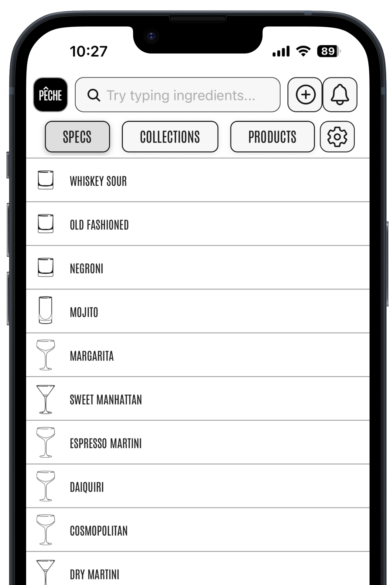 Portfolio view showing specs, collections and products