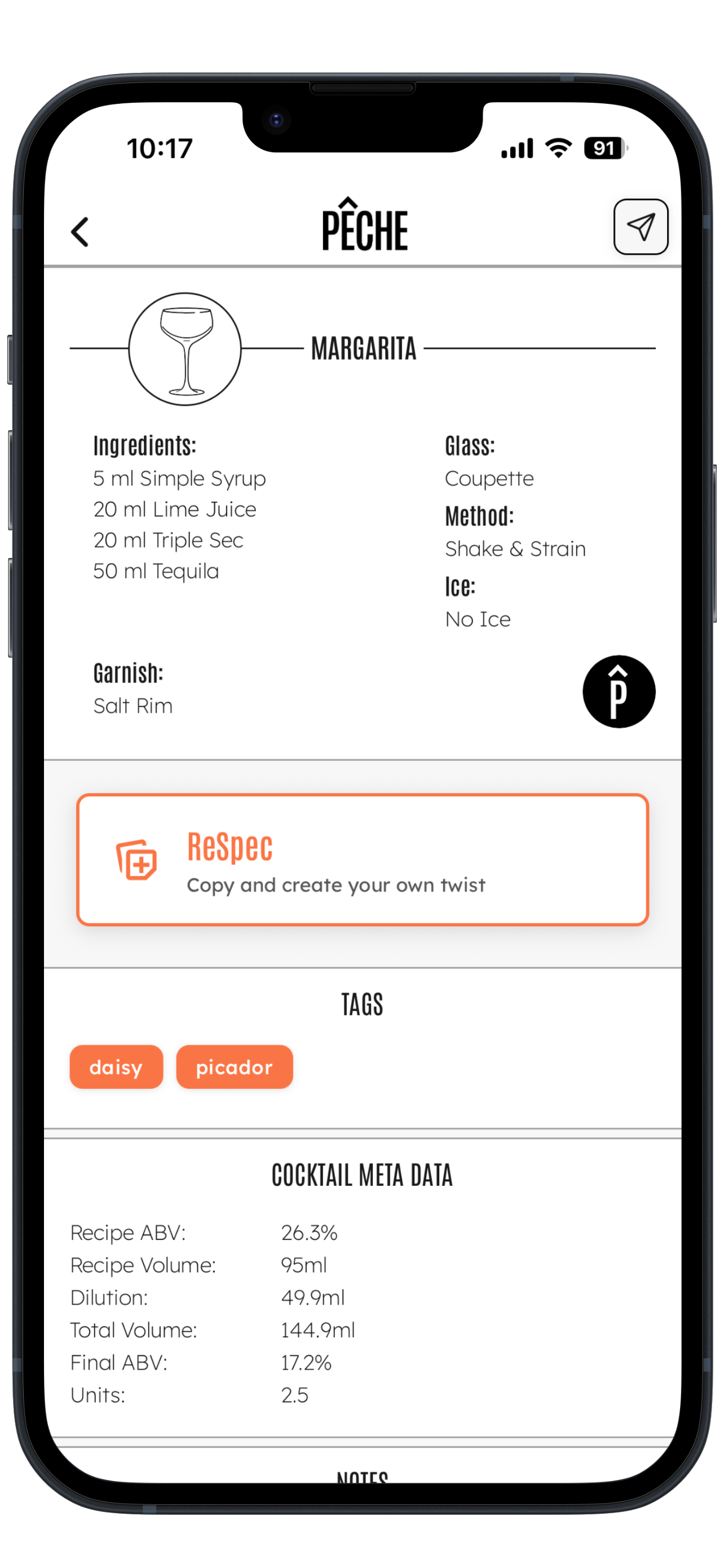 Peche app | Margarita spec with ingredients, method, and ReSpec button